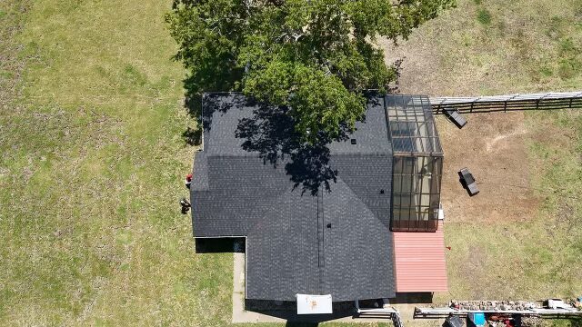 Aerial of new roof install from storm damage